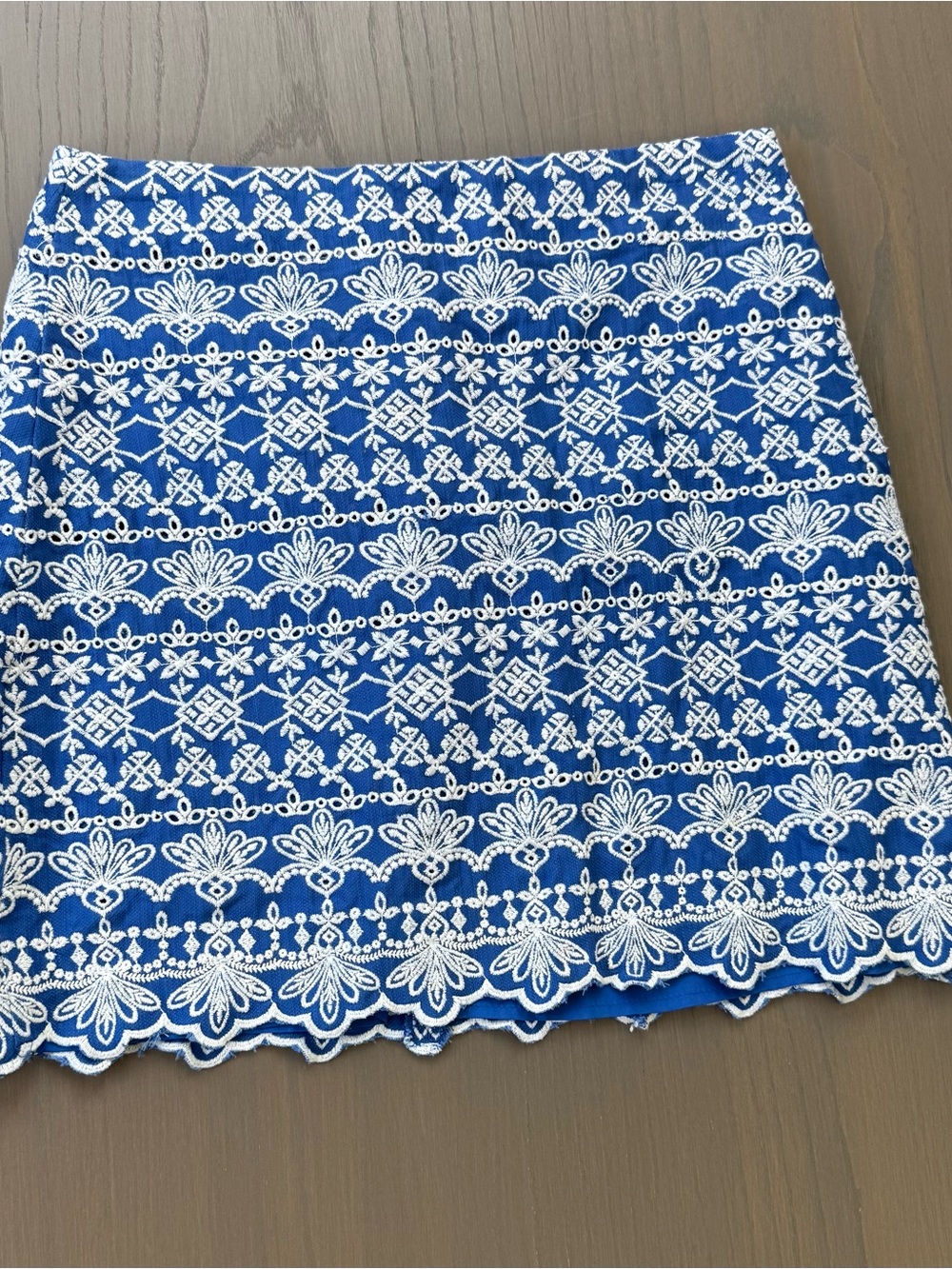 LOFT Blue and White Embroidered Mini Skirt